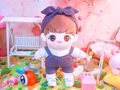 체크 헤어밴드&멜빵 바지 set