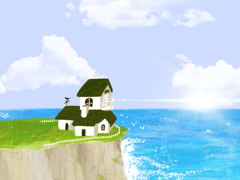 별꽃골짜기 절벽 끝의 암녹색 지붕 집