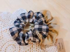 핸드메이드 스크런치 세트 (머스터드/체크)