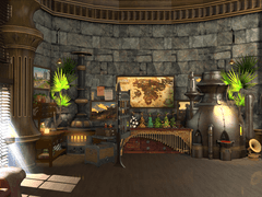 묵직한 우드톤과 석재, 절제된 채광, 어두운 조도