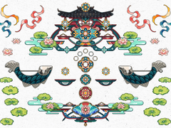 (유료) 단청 모티브와 꽃 장식 소스, 공중 누각