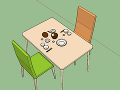 [무료 소재] 식탁, 의자, 뚝배기, 식기 세트