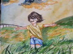 바람을 만끽하는 노을빛 소년